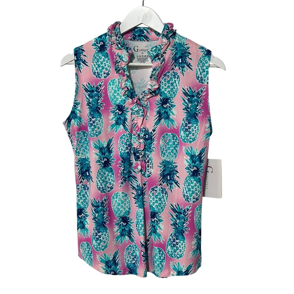 G LIFESTYLE WOMENS MEDIUM SLEEVELESS DOUBLE RUFFLE GOLF TOP UPF 50+ BLUE PINK
